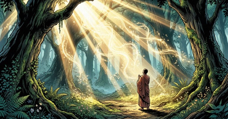 Rays of sun shining through a forest, representing the divine light of Savitur invoked in the Gayatri Mantra.