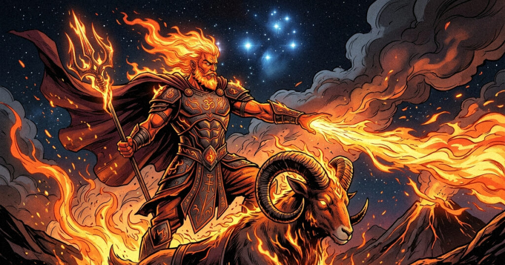 An artistic representation of Agni, the God of Fire, who presides over the Krittika lunar mansion.