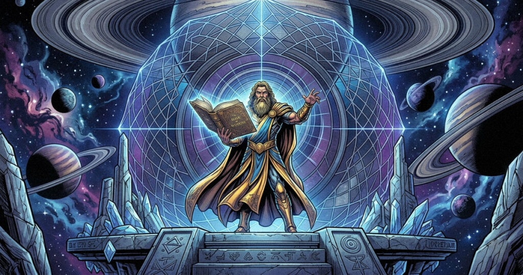 An artistic depiction of Brihaspati (Jupiter) holding a book of wisdom, standing under the protective and structured light of Saturn.