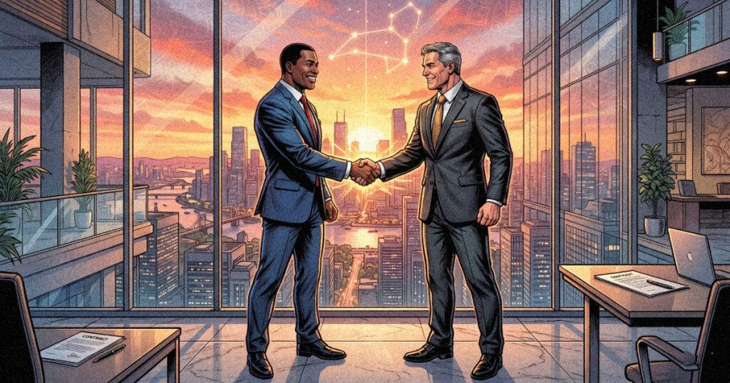 Two business professionals shaking hands in front of a glass window, symbolizing the contract making and alliance building nature of Uttara Phalguni.