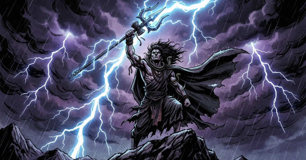 An artistic depiction of Rudra with a trident amidst lightning, symbolizing the ruling deity of Ardra.