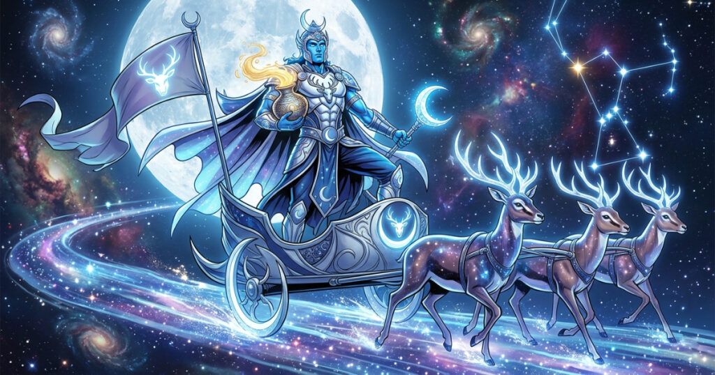 An artistic representation of Soma, the deity of the Moon and immortality, who governs Mrigashira Nakshatra.