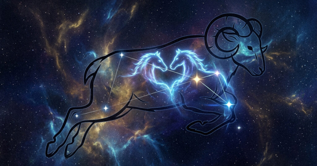 A minimalist cosmic diagram showing the Aries constellation and the specific stars of Ashwini Nakshatra.