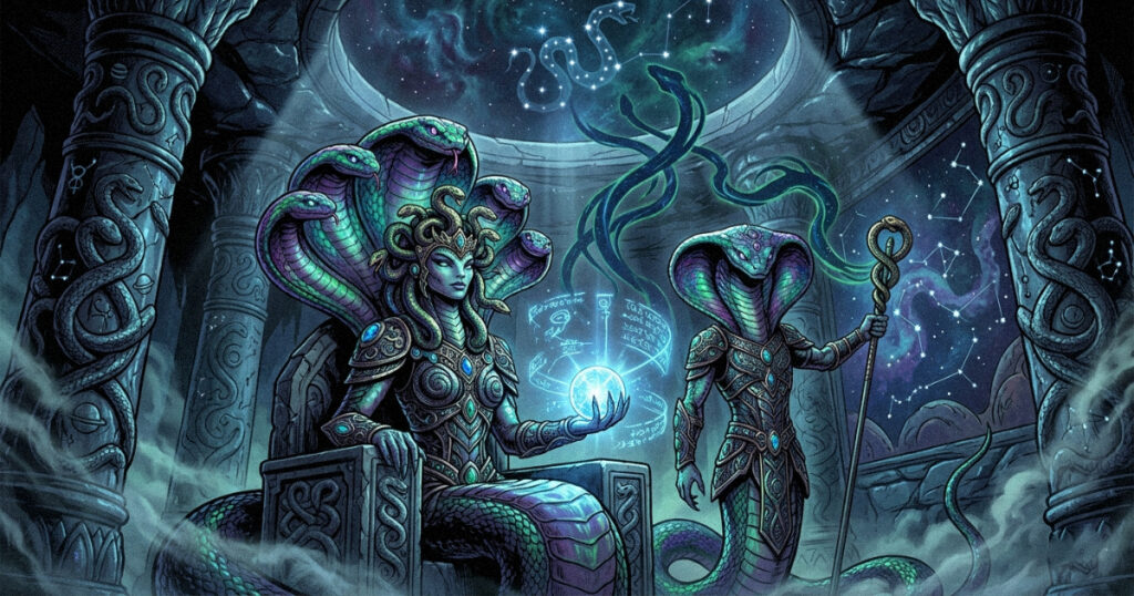 An artistic depiction of the Nagas, the serpent deities of wisdom, who govern the Ashlesha Nakshatra.