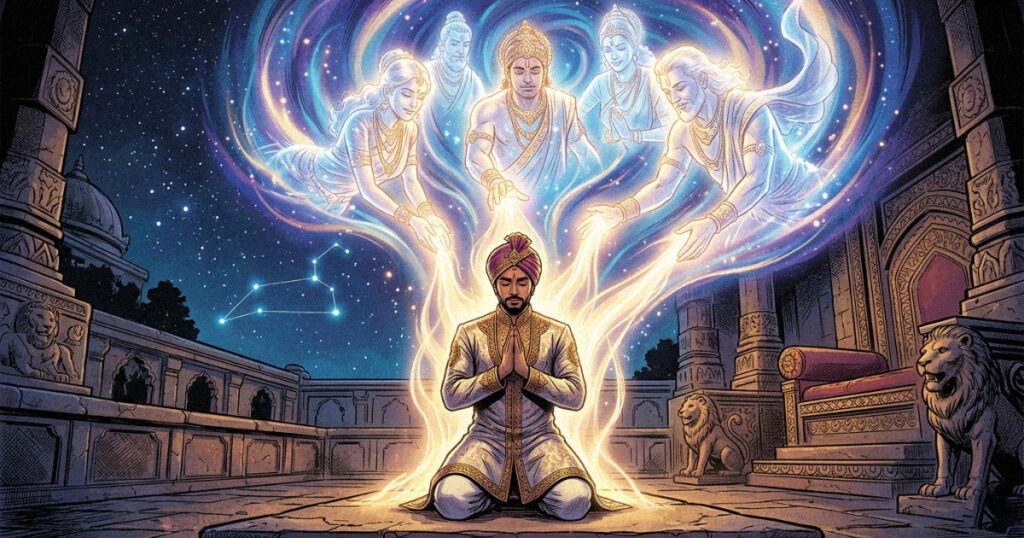 An artistic representation of ancestral spirits offering blessings, symbolizing the divine connection of Magha Nakshatra.