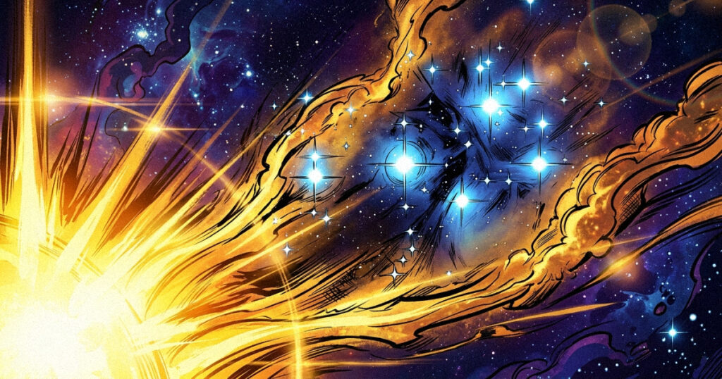 The golden light of the Sun illuminating the Pleiades cluster, symbolizing the ruling planet of Krittika Nakshatra.