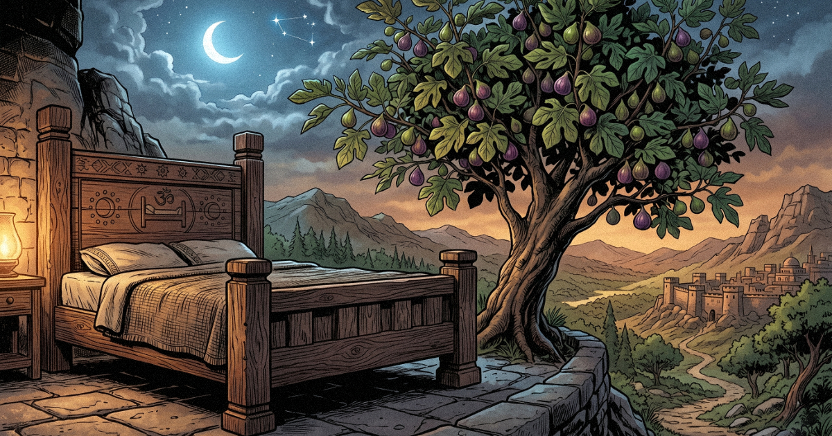 A sturdy wooden bed frame and a fruitful fig tree, representing the stability, duty, and nourishment of Uttara Phalguni Nakshatra.