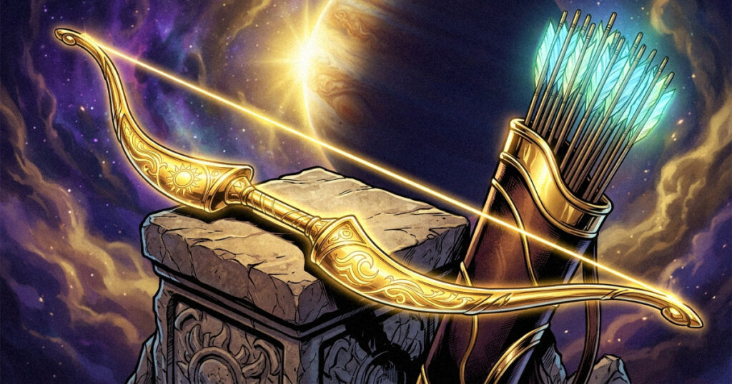 A golden bow and a quiver full of arrows, representing the resourcefulness and restorative power of Punarvasu Nakshatra.