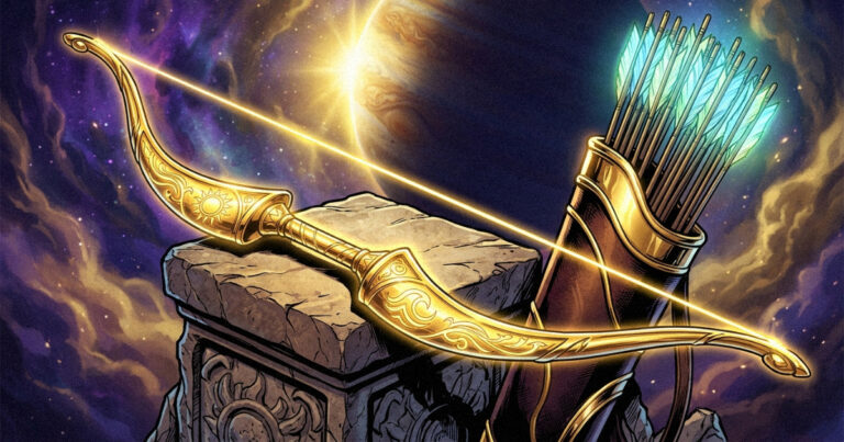 A golden bow and a quiver full of arrows, representing the resourcefulness and restorative power of Punarvasu Nakshatra.