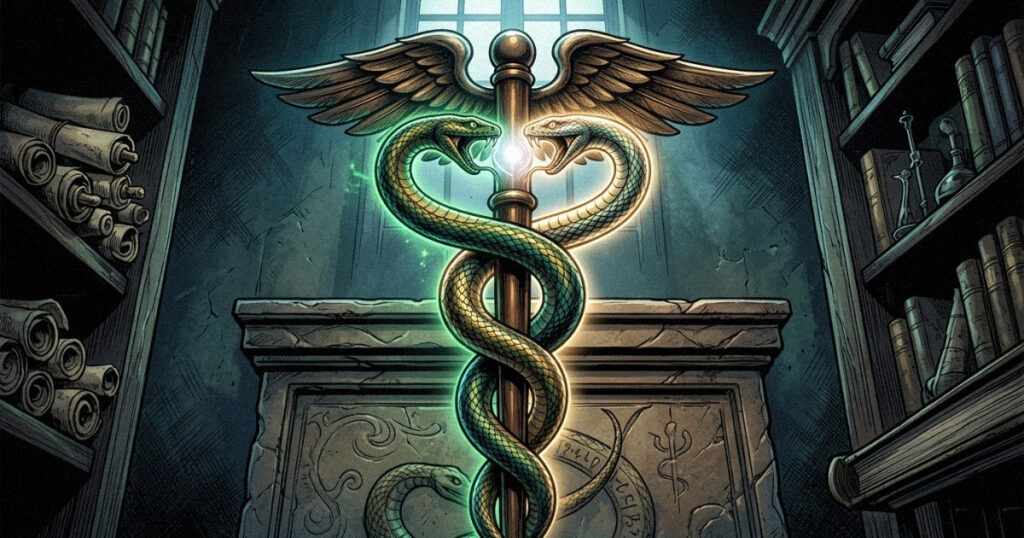 The symbol of the caduceus with two serpents entwined around a staff, representing the link between Ashlesha and the medical arts.