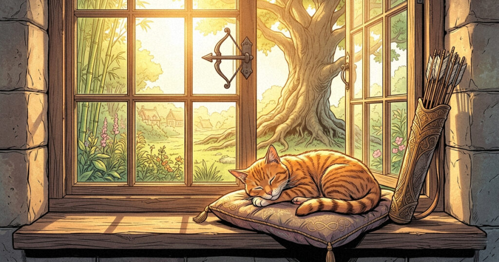 A peaceful cat resting in a sunlit window, symbolizing the comfort and resilience associated with Punarvasu Nakshatra.
