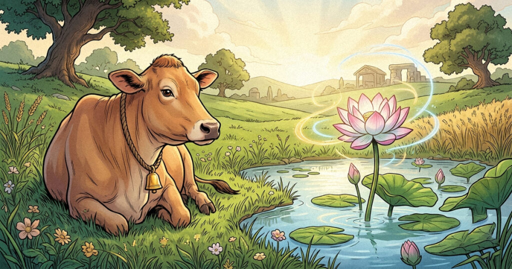 A peaceful cow in a field and a blossoming lotus, representing the nourishing and pure energy of Pushya Nakshatra.