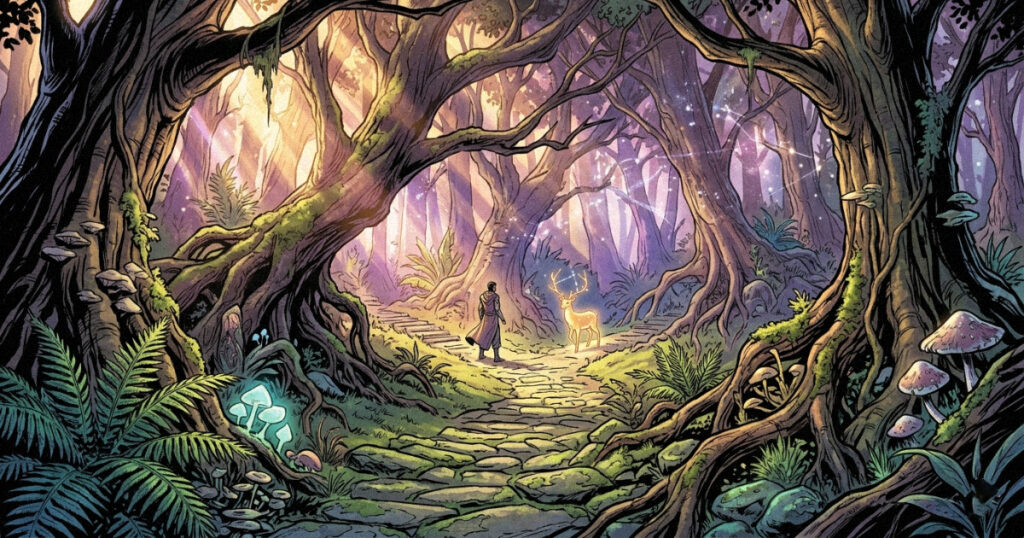 A path leading through a dense, beautiful forest, representing the intellectual and spiritual search of Mrigashira.