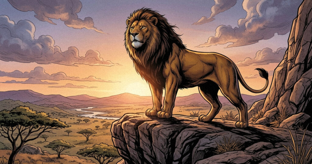 A noble lion standing on a rock overlooking its territory, representing the protective and regal nature of Magha Nakshatra.