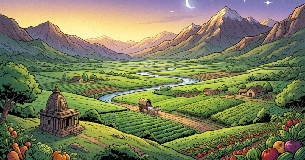 A peaceful valley with green fields, representing the earthy and stable nature of Rohini Nakshatra.