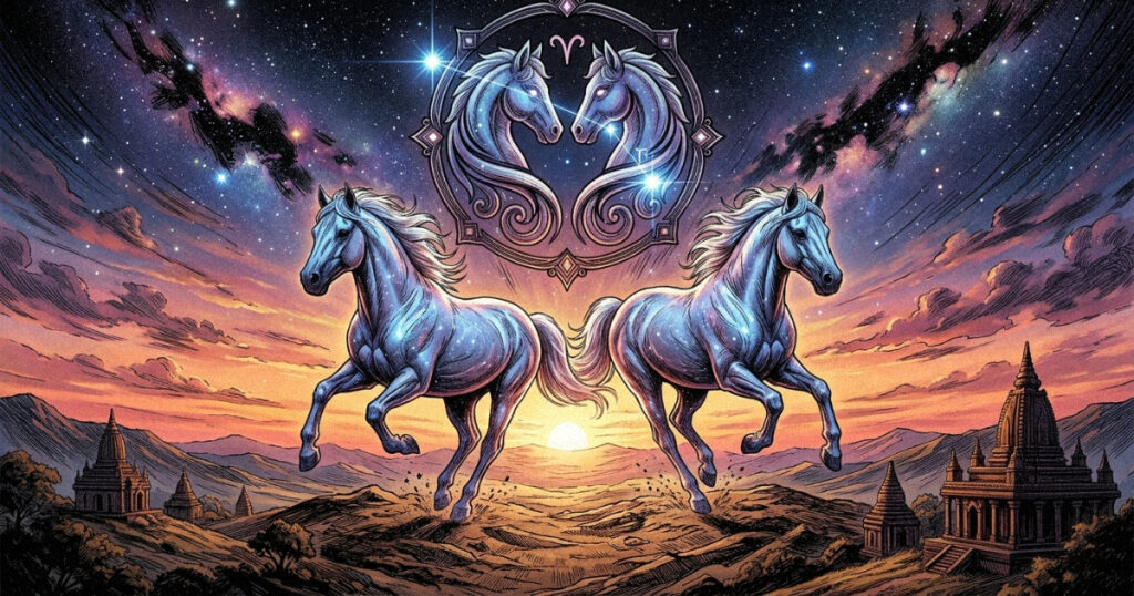 A powerful horse running through the dawn, representing the speed and vitality of Ashwini Nakshatra.