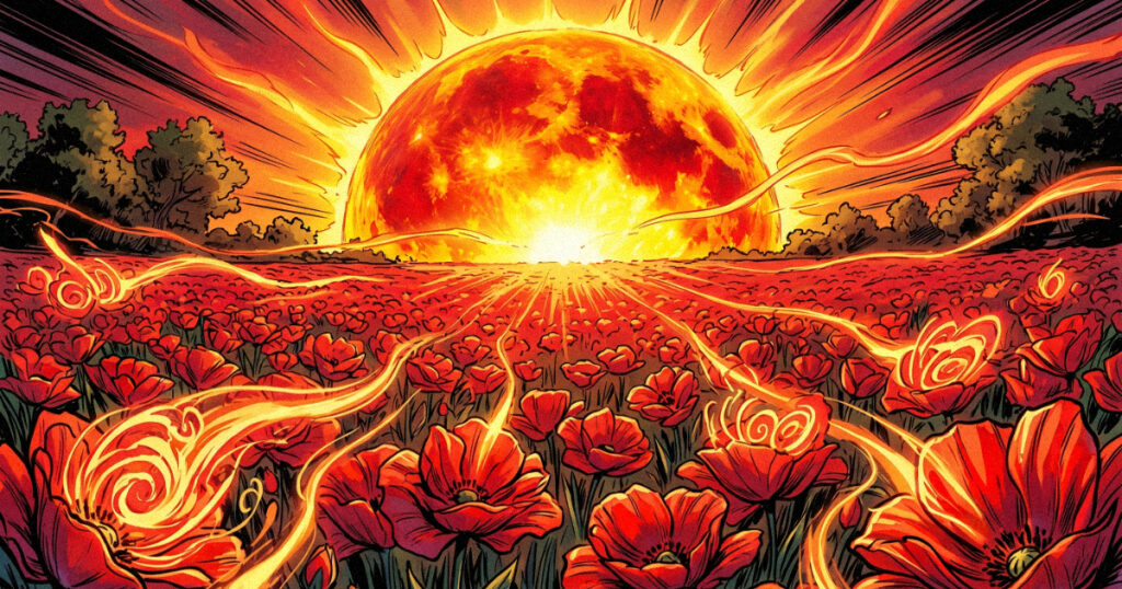 A vibrant sun setting over a field of red flowers, representing the warmth and creative vitality of Purva Phalguni.