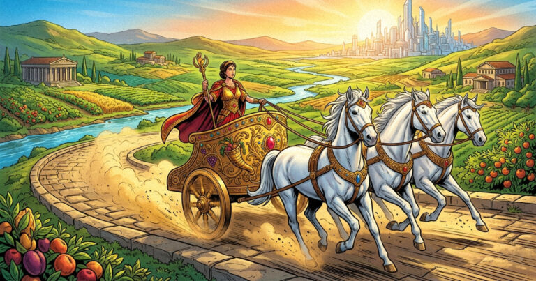 A golden chariot moving through a lush landscape, symbolizing the material success and progress of Rohini Nakshatra.
