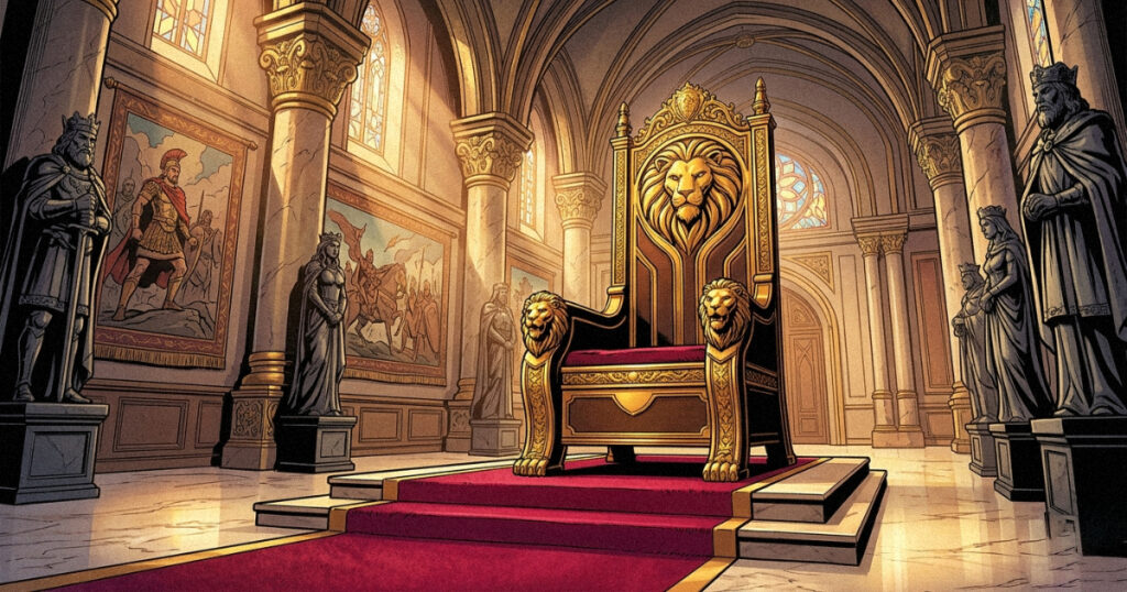A golden royal throne set in a magnificent palace, representing the authority and legacy of Magha Nakshatra.