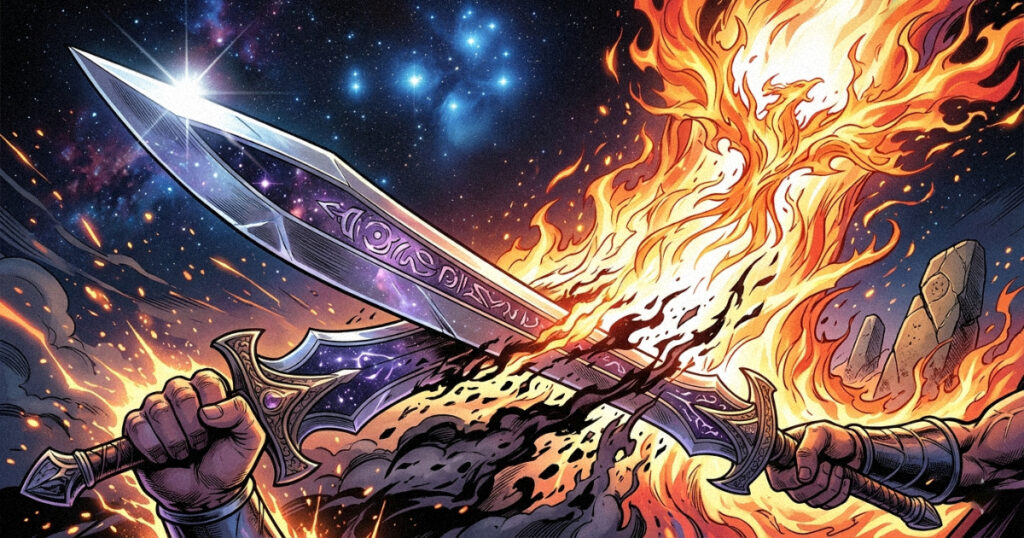 A visualization of a sharp blade and a rising flame, representing the purification and cutting power of Krittika Nakshatra.