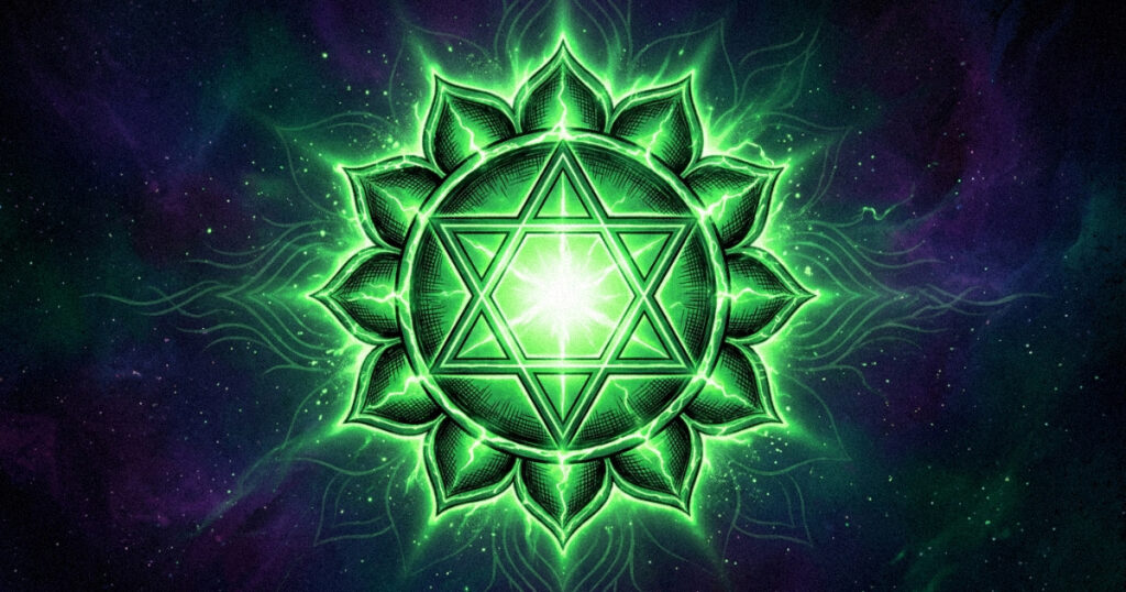 A glowing heart chakra symbol, representing the emotional depth and compassionate center of Pushya Nakshatra.
