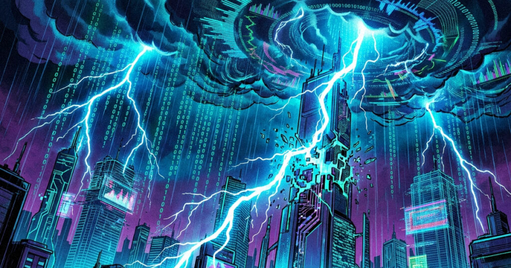 A digital storm of binary code and lightning, representing the modern Rahu-driven side of Ardra Nakshatra.