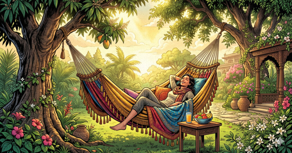 A luxurious hammock swinging between two trees in a sunlit garden, representing the leisure and relaxation of Purva Phalguni Nakshatra.