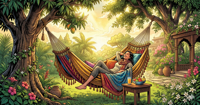 A luxurious hammock swinging between two trees in a sunlit garden, representing the leisure and relaxation of Purva Phalguni Nakshatra.