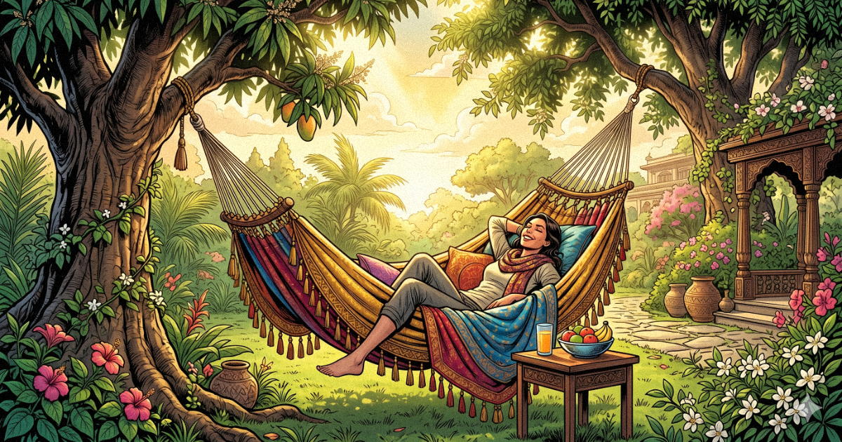A luxurious hammock swinging between two trees in a sunlit garden, representing the leisure and relaxation of Purva Phalguni Nakshatra.