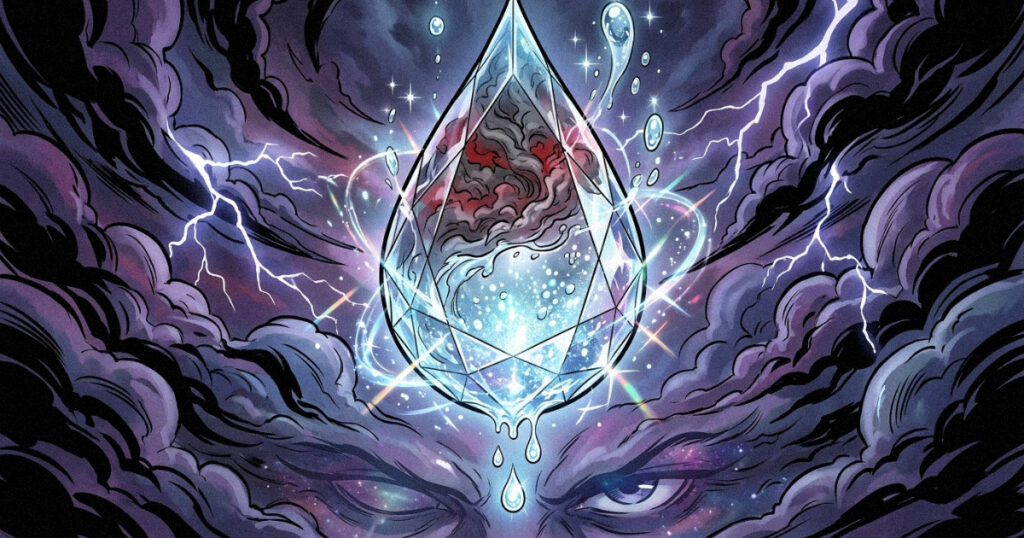 A single, crystalline teardrop representing the emotional depth and purification of Ardra Nakshatra.