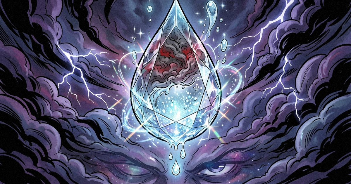 A single, crystalline teardrop representing the emotional depth and purification of Ardra Nakshatra.