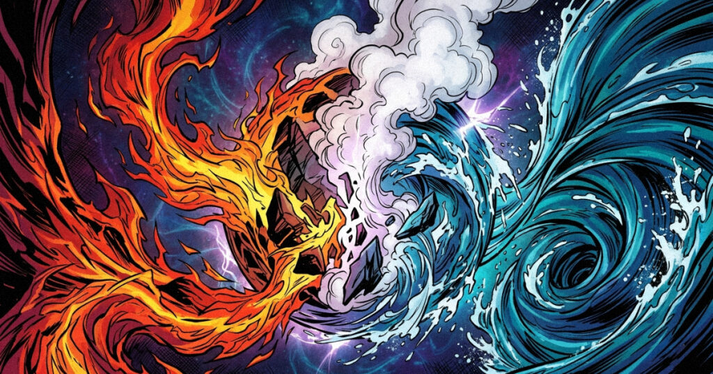 Abstract art showing fire and water, representing the Apabharani Shakti of cleansing and transformation.