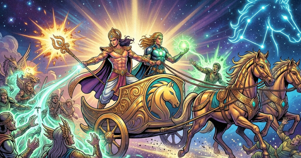 Artistic representation of the Ashwini Kumaras, the divine healers who preside over Ashwini Nakshatra.