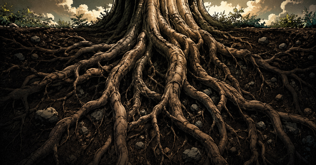 A detailed view of deep, intertwined tree roots reaching into dark soil, symbolizing the foundational energy of Mula Nakshatra.