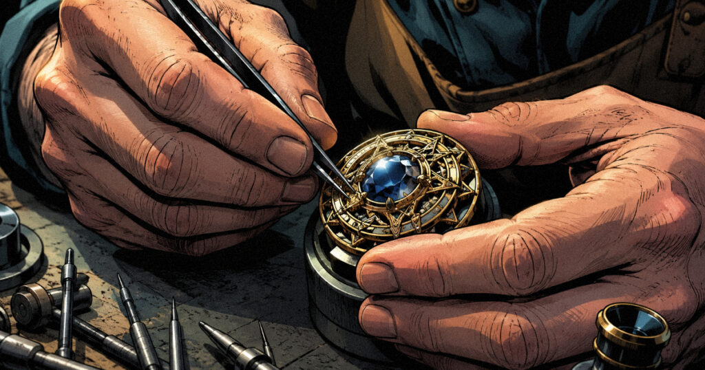 Hasta Nakshatra: The Dexterity of the Hand and the Light of Savitur A close up view of a craftsman’s hands meticulously working on a detailed piece of jewelry or a complex mechanism.