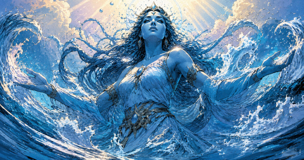Purvashadha nakshatra: The invincible star of water and victory An artistic representation of Apah, the goddess of the cosmic ocean, surrounded by flowing water and light, symbolizing the nourishment of Purvashadha Nakshatra.