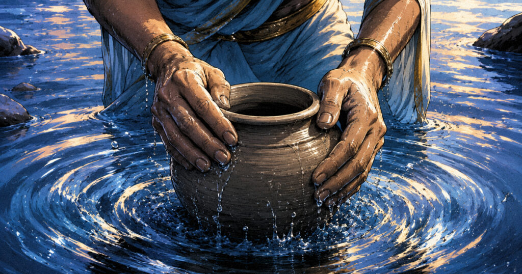 Purvashadha nakshatra: The invincible star of water and victory Hands gently shaping a vessel in a body of water, representing the nourishing and creative power of Purvashadha Nakshatra.