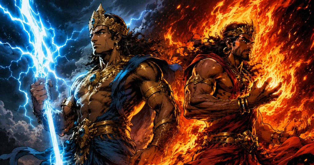 Vishakha Nakshatra: The Forked Path of Ambition and Triumph An artistic representation of Indra with his lightning bolt and Agni with his flames, symbolizing the combined power of leadership and fire in Vishakha.