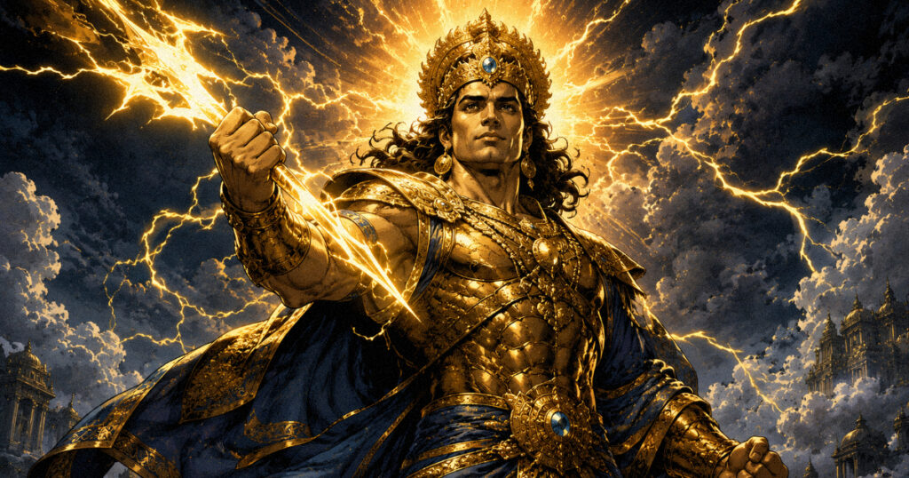 Jyeshta Nakshatra: The Authority of the Eldest and the Power to Rise An artistic representation of Lord Indra wielding his lightning bolt, symbolizing the conquering power and leadership of Jyeshta.