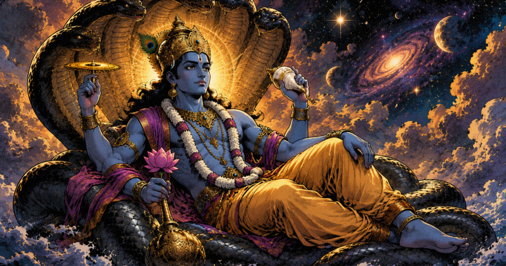 Shravana nakshatra: The star of listening, wisdom, and cosmic knowledge An artistic representation of Lord Vishnu, symbolizing the preservation of order and the dissemination of divine knowledge in Shravana nakshatra.