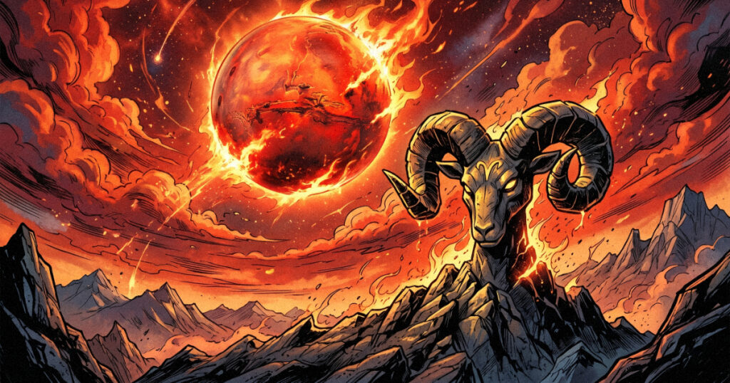 A stylized illustration of the planet Mars blazing in a fiery red sky above the Aries ram symbol, representing the powerful Mars transit in Aries from May to June 2026