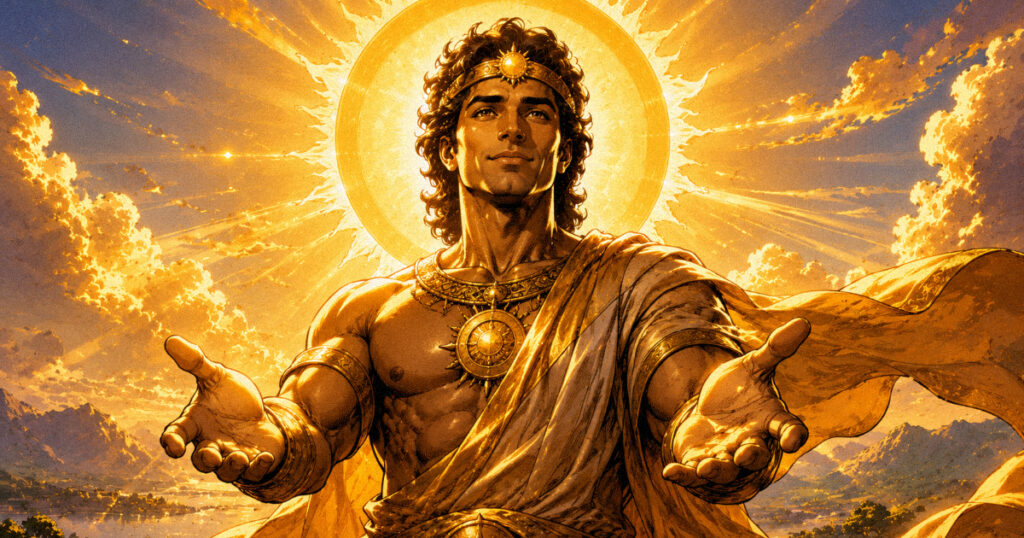 An artistic representation of Mitra, the solar deity of alliances, radiating a soft and welcoming golden light.