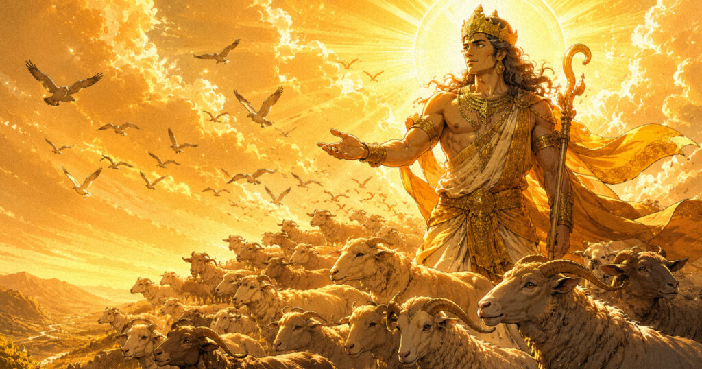 Revati nakshatra: The final star of wealth, safety, and spiritual journey An artistic representation of a gentle solar deity guiding a flock under a golden sky, symbolizing the protective grace of Pushan and Revati Nakshatra.