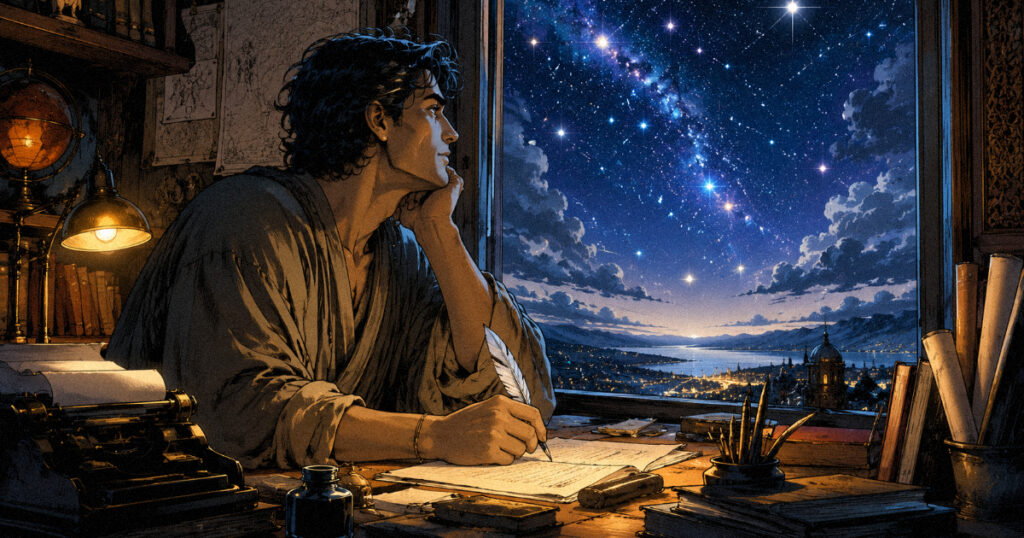 Revati nakshatra: The final star of wealth, safety, and spiritual journey An artist or writer looking out of a window toward a star-filled sky, representing the imaginative intellect of a Mercury ruled Nakshatra.