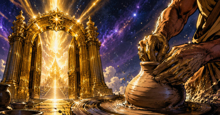 A triumphant golden gateway and a rotating potter's wheel, representing the victory and the persistent effort of Vishakha Nakshatra.