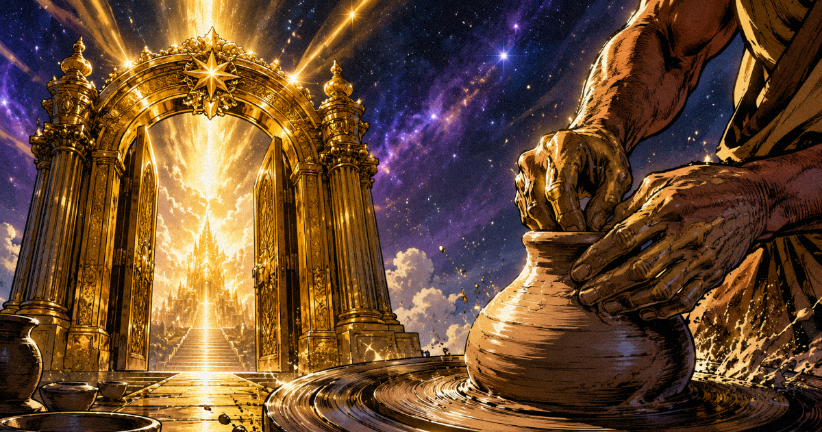 A triumphant golden gateway and a rotating potter's wheel, representing the victory and the persistent effort of Vishakha Nakshatra.