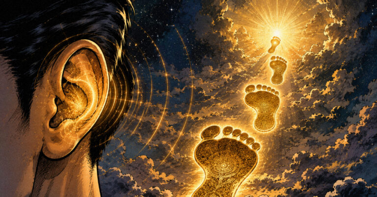 A symbolic depiction of a human ear and three divine footsteps, representing the deep listening and expansive wisdom of Shravana nakshatra.