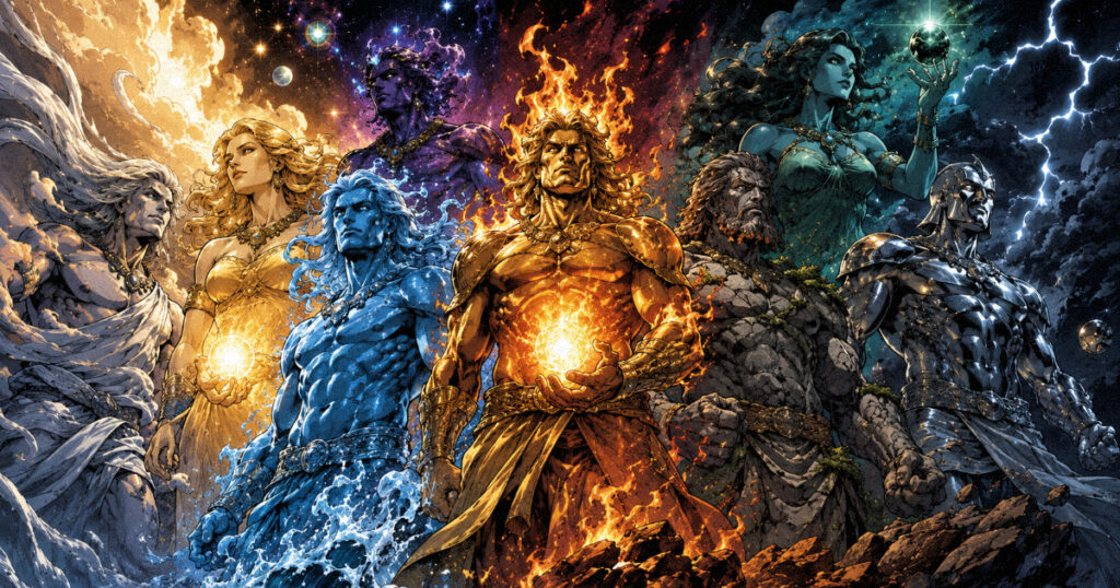 Dhanishta nakshatra: The star of symphony, wealth, and heroic action An artistic representation of the eight Vasus, the elemental deities of material abundance and harmony in Dhanishta nakshatra.