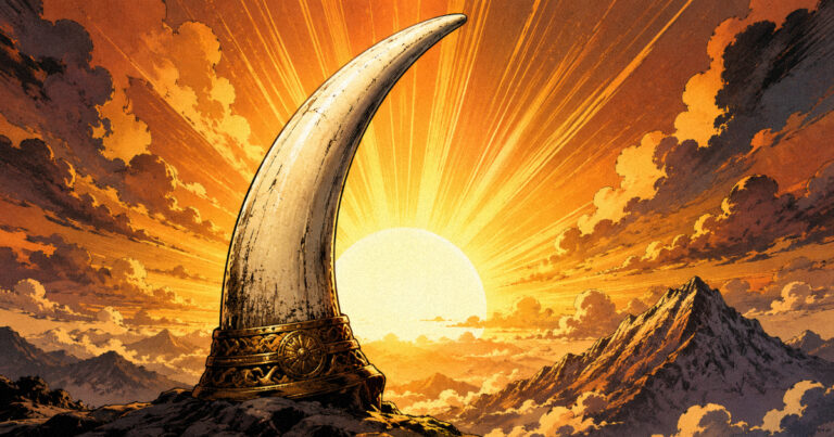 A stylized representation of an elephant tusk against a rising sun, symbolizing the strength and leadership of Uttarashadha Nakshatra.