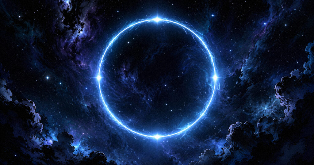 Shatabhisha nakshatra: The mystical star of a thousand healers and hidden truths A glowing empty circle hovering against a dark cosmic sky, representing the hidden mysteries and potential of Shatabhisha Nakshatra.